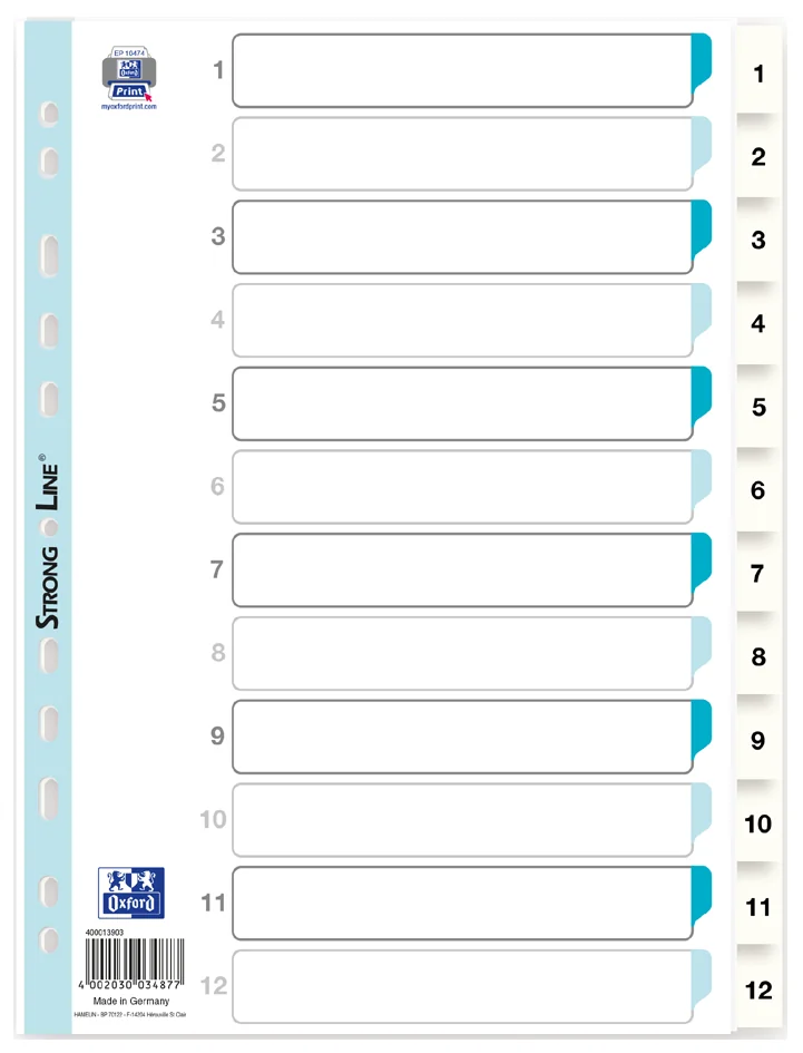 Oxford Intercalaires en plastique, chiffres, A4, 12 touches