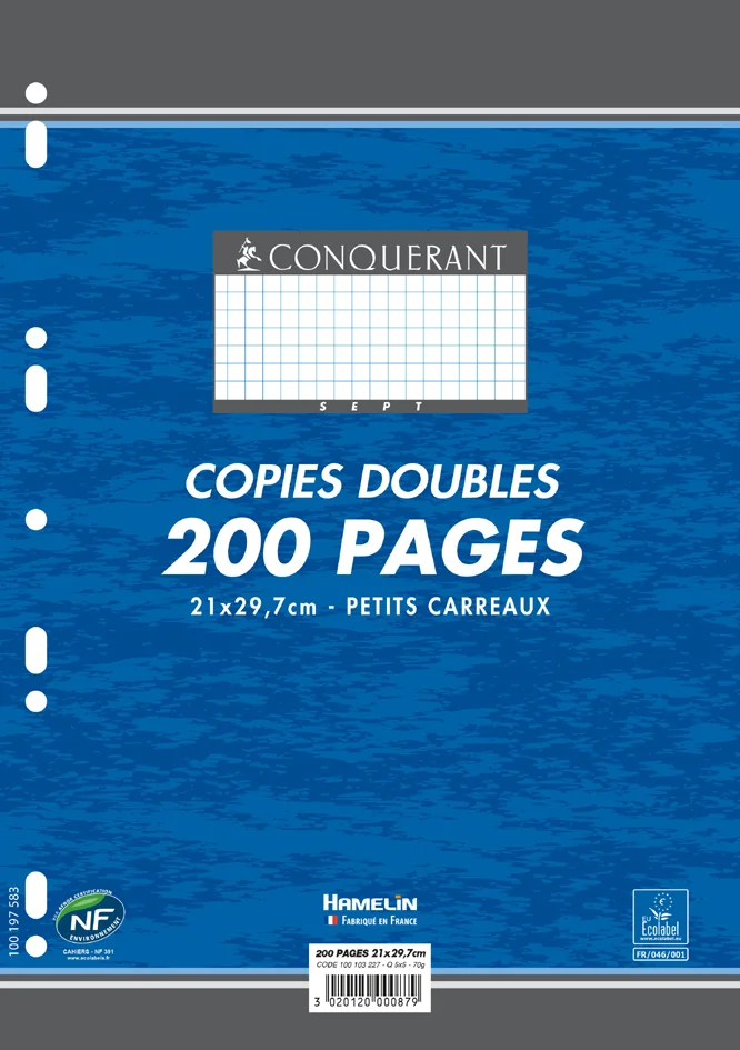 CONQUERANT SEPT Copies doubles, A4, quadrillé, sans marge