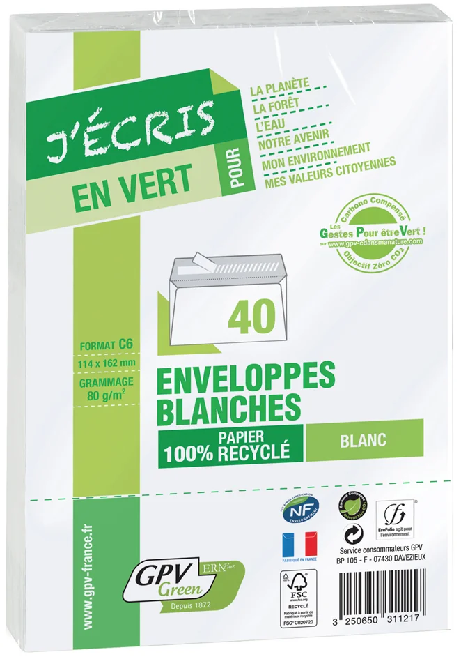 GPV Enveloppes ERAPure, C6, 114 x 162 mm, sans fenêtre