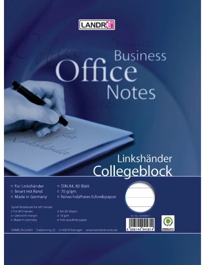 LANDRÉ LinkshÂnder-Collegeblock, DIN A4+, kariert, 80 Blatt