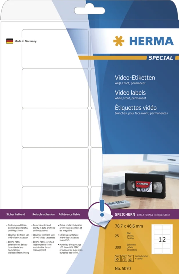HERMA Etiquette pour cassettes vidéo SPECIAL, 147,3 x 20 mm