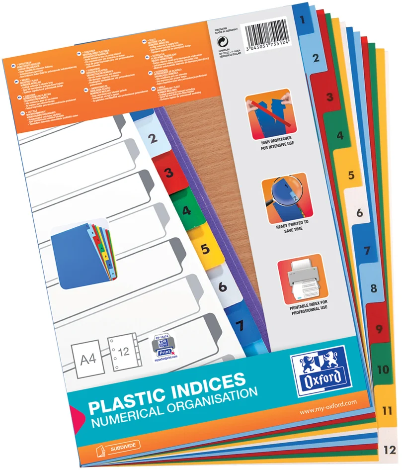 Oxford Intercalaire en plastique, A4, coloré, 12 pièces Grand Paris Fournitures Oxford Intercalaire en plastique, A4, coloré, 12 pièces
