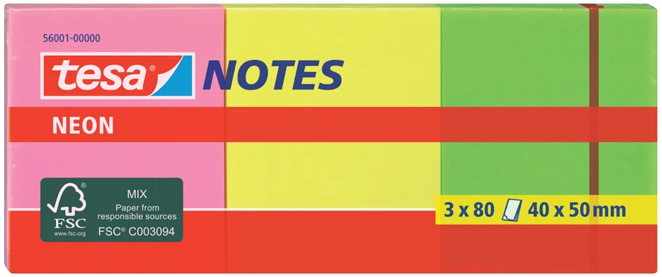 tesa Bloc de notes adhésives couleurs néon, 40 x 50 mm