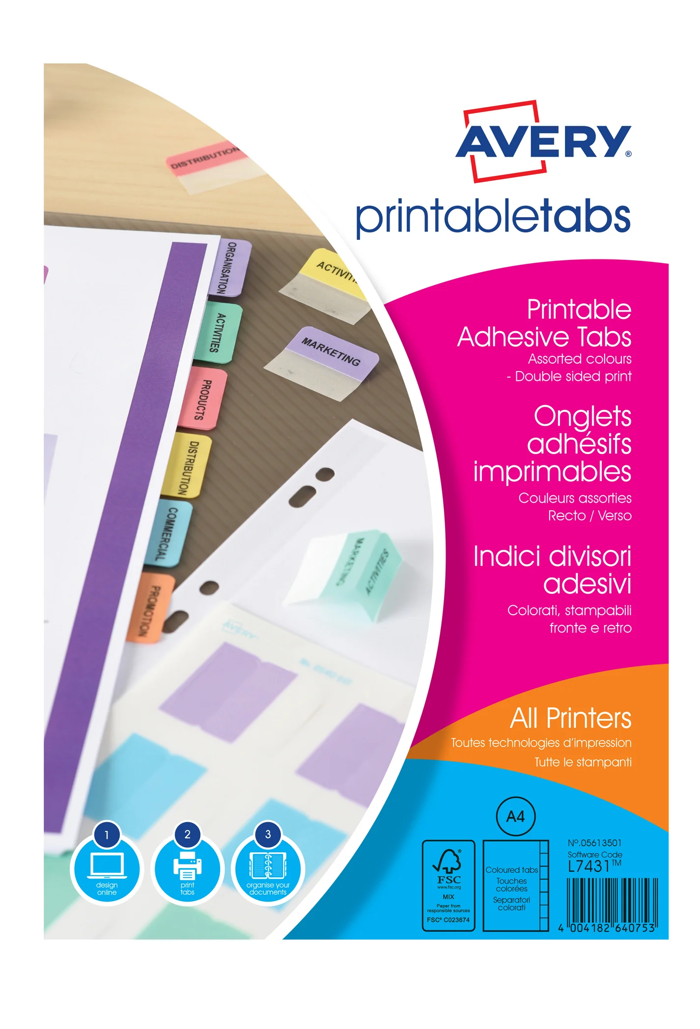 AVERY Onglets adhésifs personnalisables, A4, assorti