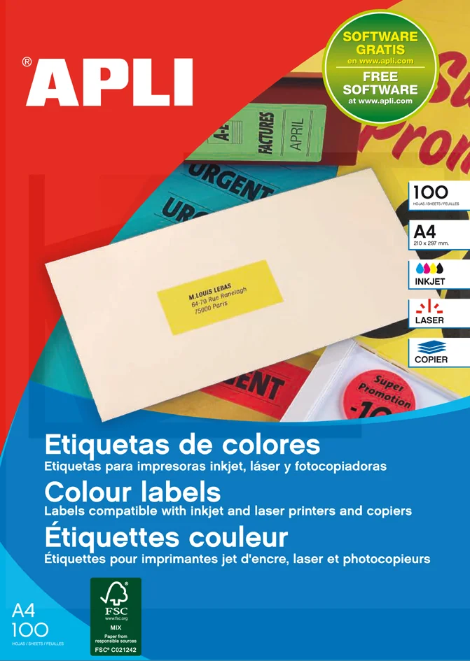 APLI Etiquette d'adresse, 210 x 297 mm, orange fluo