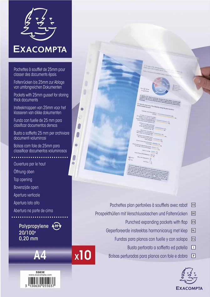 EXACOMPTA Pochette à soufflet perforée avec rabat, A4, PP