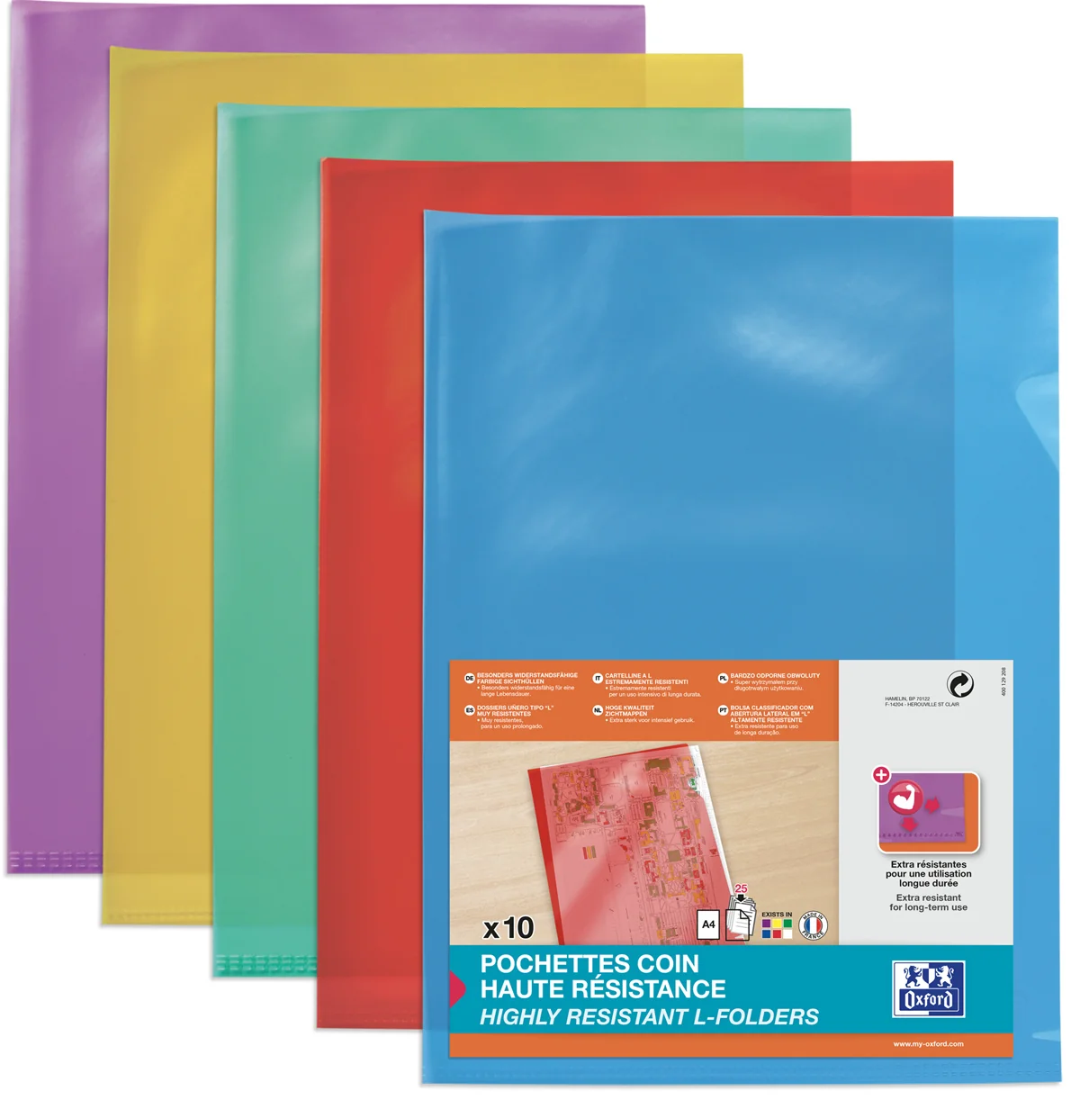 Oxford Pochettes-coin haute résistance, A4, PVC, bleu