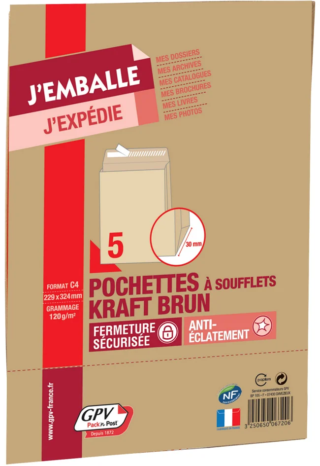 GPV Pochettes à soufflets, C4, 229 x 324 mm, kraft brun Grand Paris Fournitures GPV Pochettes à soufflets, C4, 229 x 324 mm, kraft brun – Image 2
