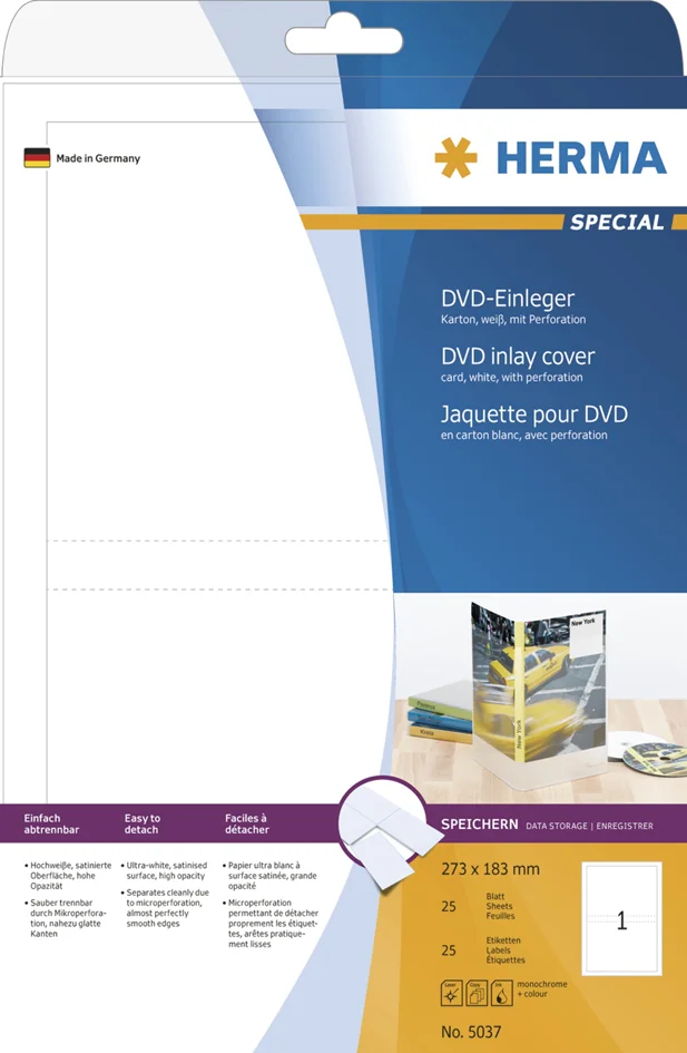 HERMA Jaquette DVD, pour étuis DVD, 183,0 x 273,0 mm, blanc