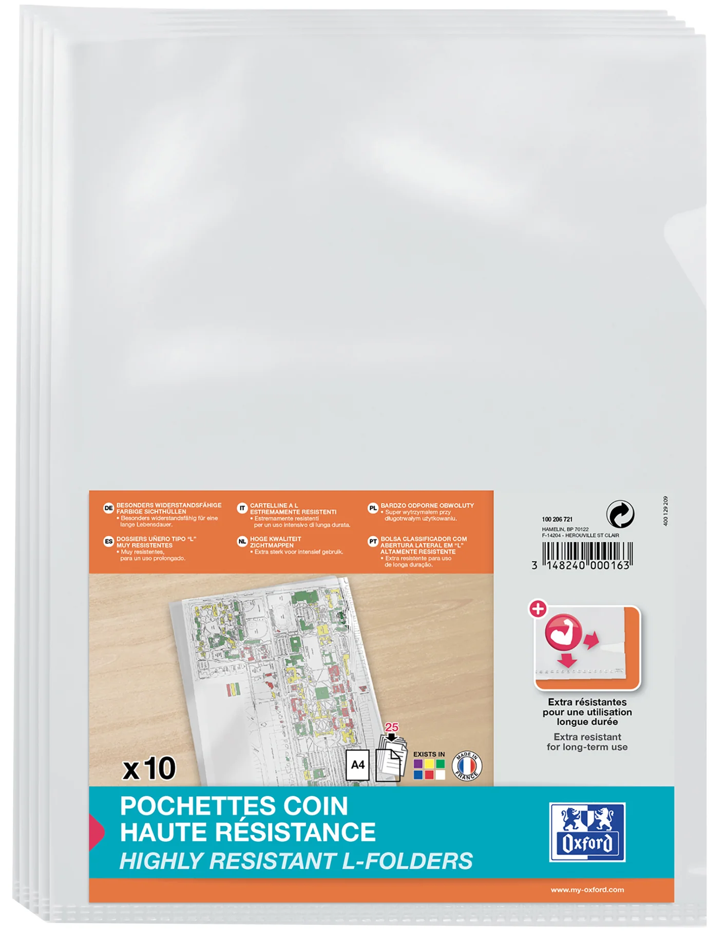 ELBA Pochettes-coin haute résistance, A4, en PVC, incolore