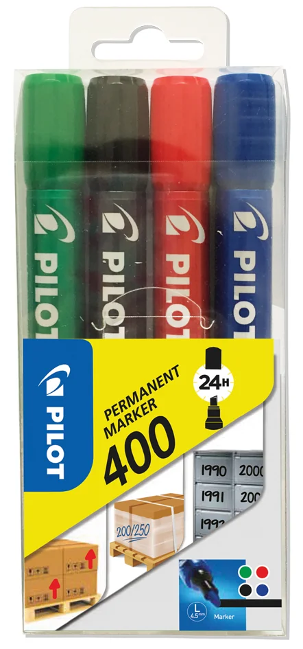 PILOT Marqueur permanent 400, pointe biseauté, étui de 4