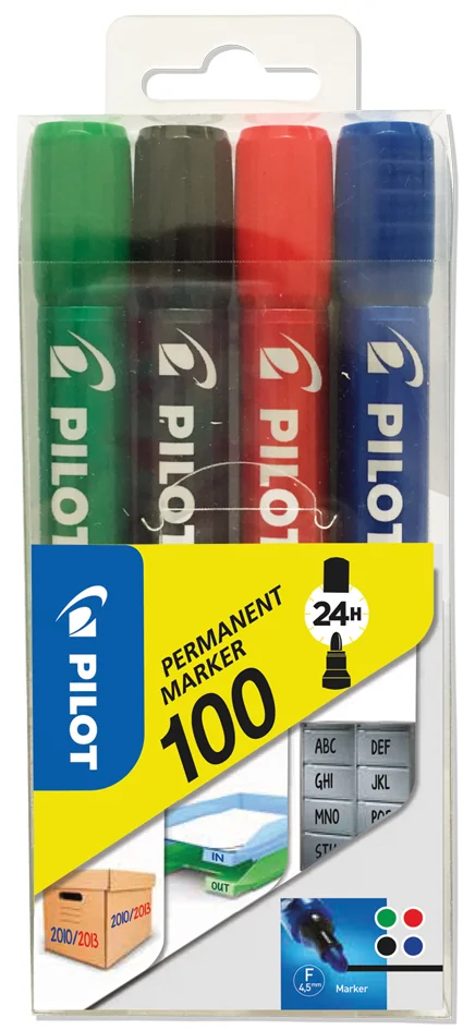 PILOT Marqueur permanent 100, pointe ogive, étui de 4