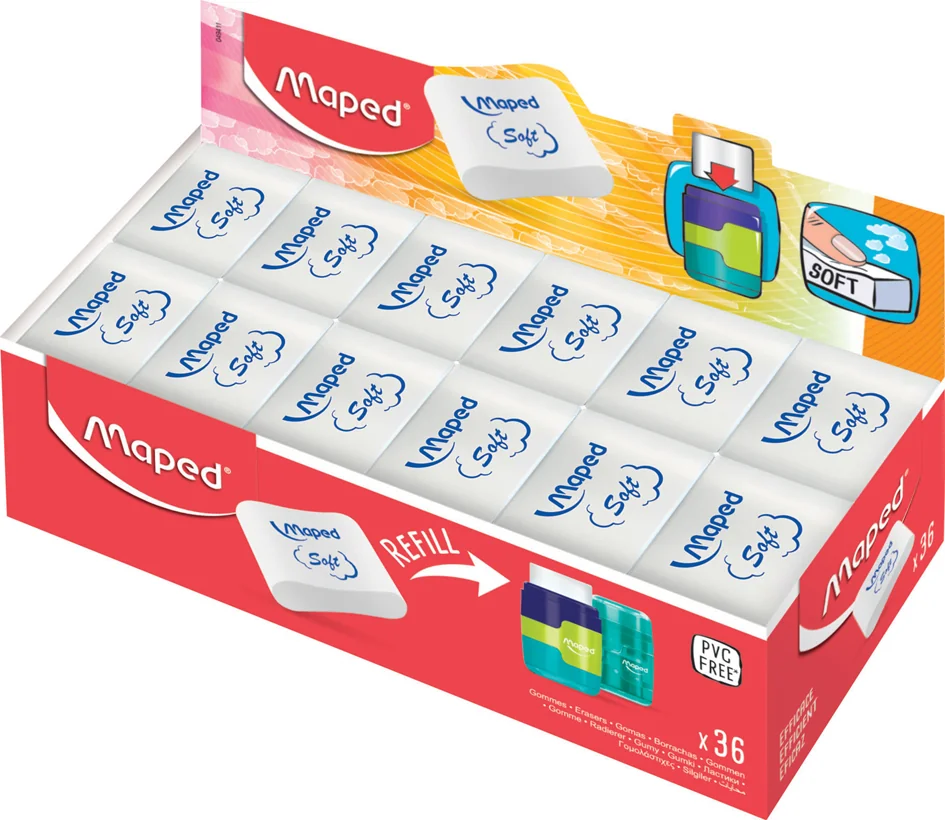 Maped Gomme en plastique Essentials Soft, présentoir de 36