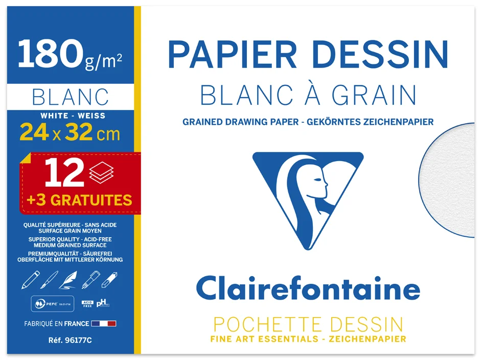 Clairefontaine Papier dessin 'Blanc à Grain', pack promo