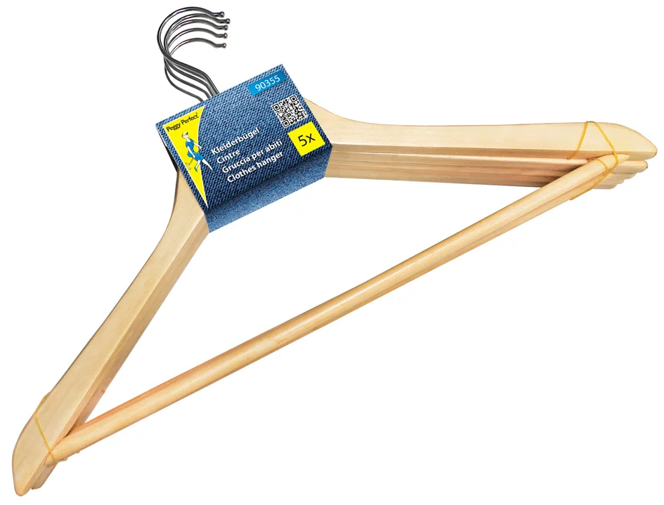 Peggy Perfect Cintre en bois avec barre, paquet de 5, nature