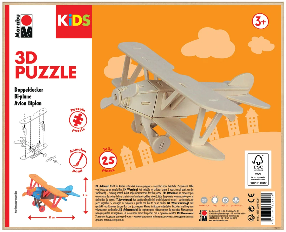 Marabu KiDS Puzzle 3D 'Avion biplan', 25 pièces