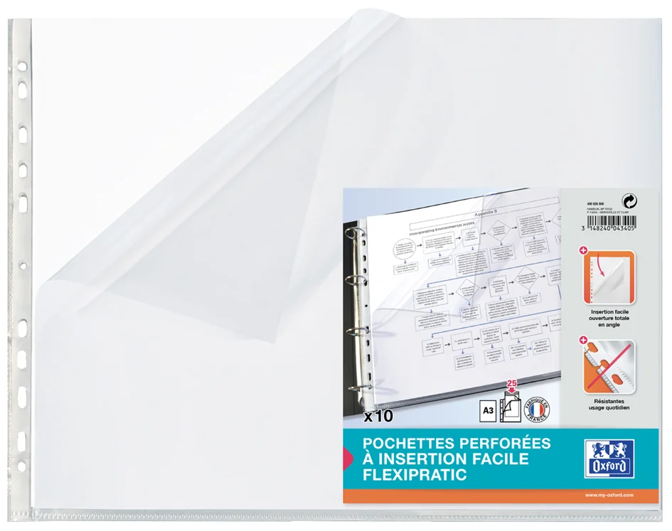 Oxford Pochette perforée, A3 paysage, PP, transparent lisse