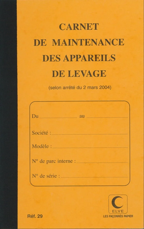 ELVE Carnet de maintenance 'Appareil de levage', 32 pages