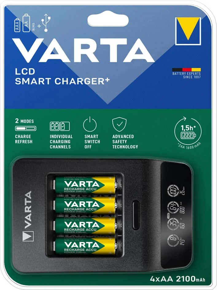 VARTA Chargeur LCD Smart Charger+, avec 4x piles Mignon