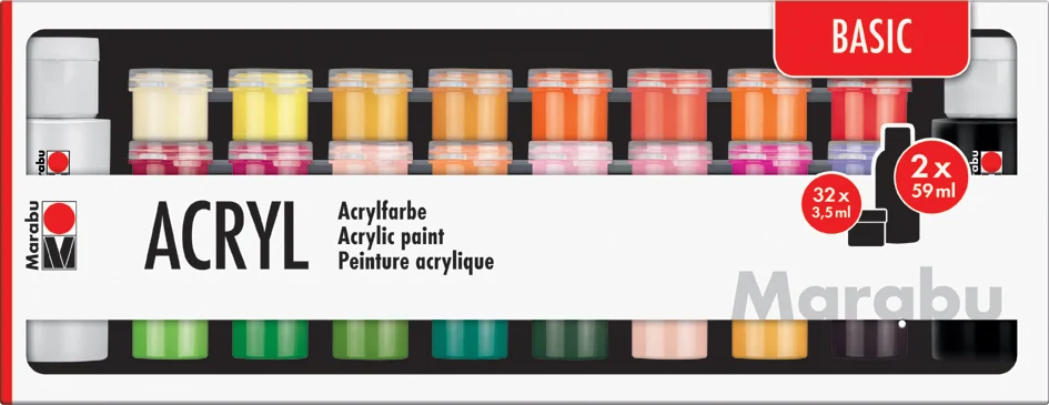 Marabu Set de peinture acrylique BASIC, 32x 3,5 ml/2x 59 ml