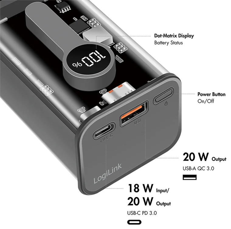 LogiLink Powerbank avec écran, 10.000 mAh, noir