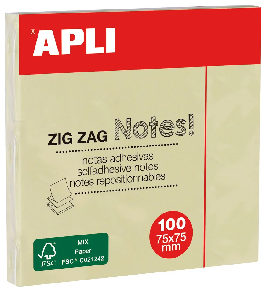 APLI Notes adhésives 'ZIG ZAG Notes!', 75 x 75 mm, jaune