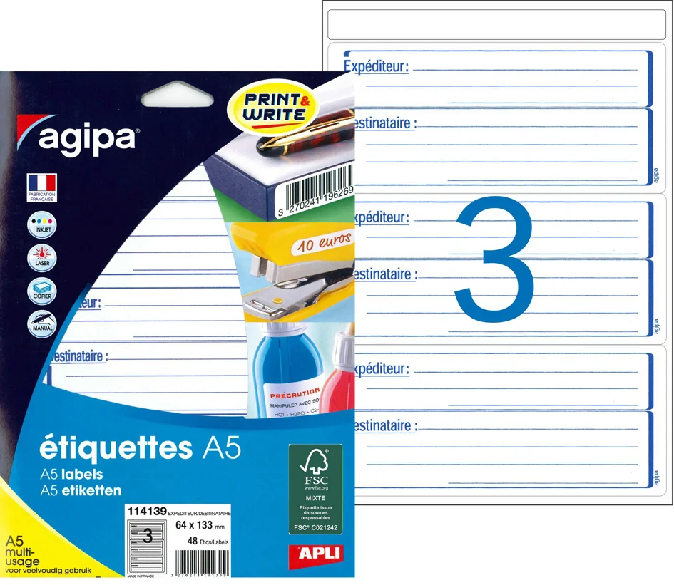 agipa Etiquettes 'expéditeur/destinataire', 64 x 133 mm