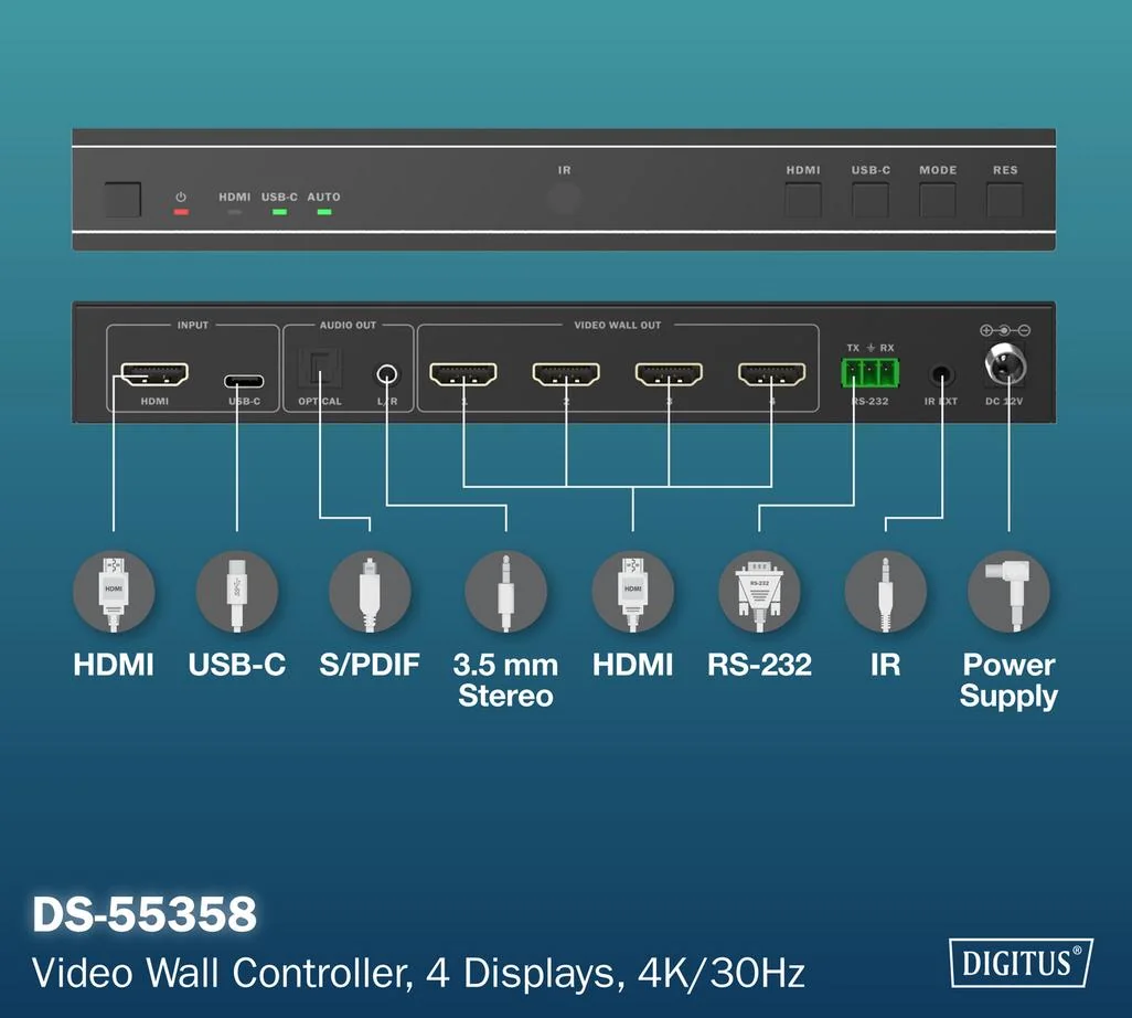 DIGITUS Contrôleur de mur vidéo 4K HDMI, noir