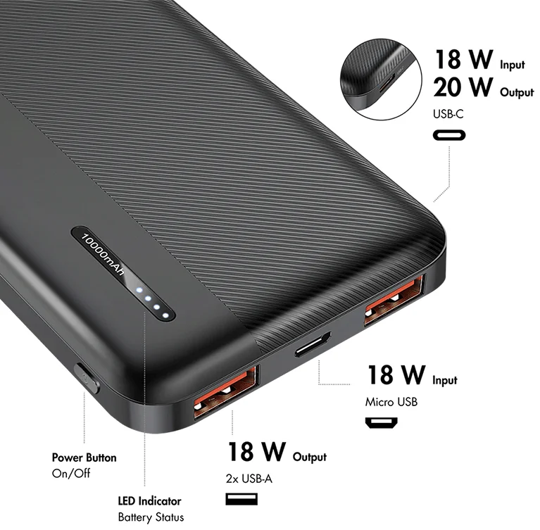 LogiLink Powerbank, 10.000 mAh, 2x USB-A, 2x USB-C, noir